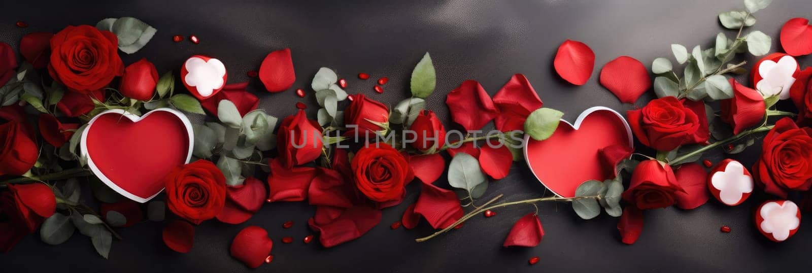 St. Valentines day, wedding banner with abstract illustrated red, pink flying hearts, roses on dark background. Use for cute love sale banners, vouchers or greeting cards. Concept love, copy space