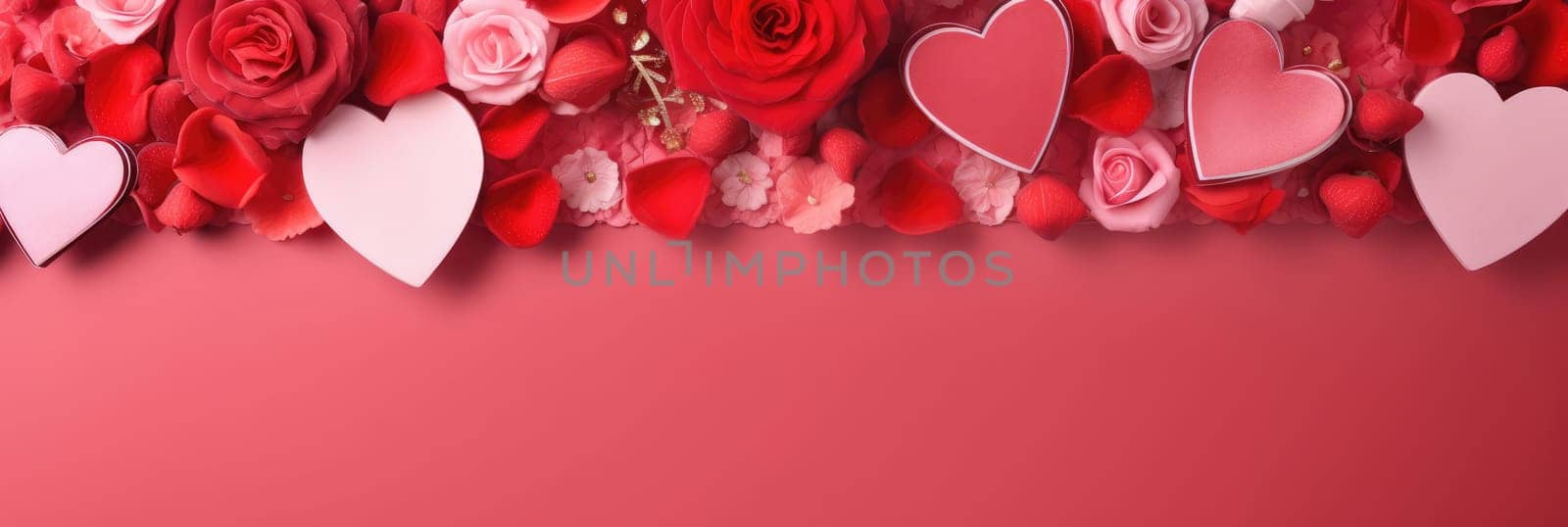 St. Valentines day, wedding banner with abstract illustrated red, pink flying hearts, roses on pink background. Use for cute love sale banners, vouchers or greeting cards. Concept love, copy space