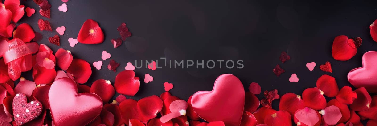 St. Valentines day, wedding banner with abstract illustrated red, pink flying hearts, roses on dark background. Use for cute love sale banners, vouchers or greeting cards. Concept love, copy space