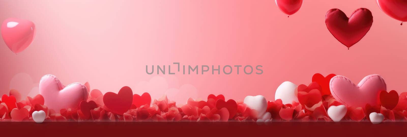 St. Valentines day, wedding banner with abstract illustrated red, pink flying hearts on pink background. Use for cute love sale banners, vouchers or greeting cards. Concept love, copy space