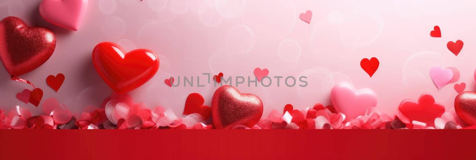 St. Valentines day, wedding banner with abstract illustrated red, pink flying hearts on pink background. Use for cute love sale banners, vouchers or greeting cards. Concept love, copy space