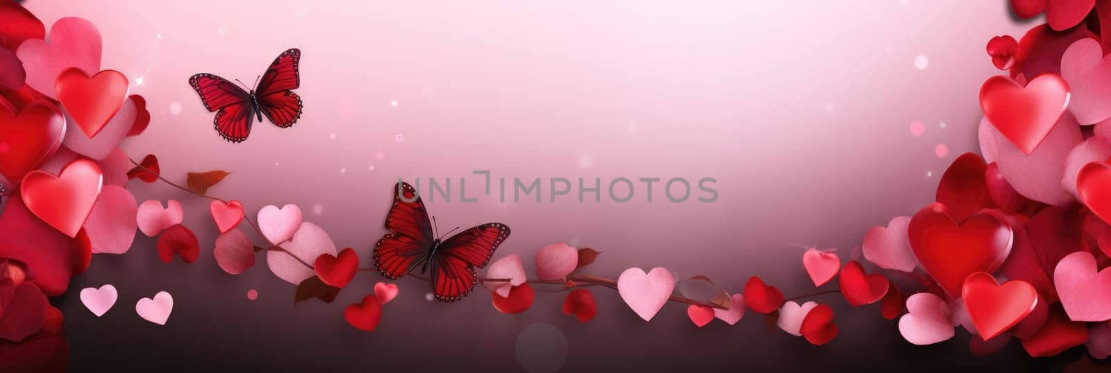 St. Valentines day, wedding banner with abstract illustrated red, pink flying hearts, flowers, butterflies on pink background. Use for cute love sale banner, greeting card. Concept love, copy space. by Angelsmoon