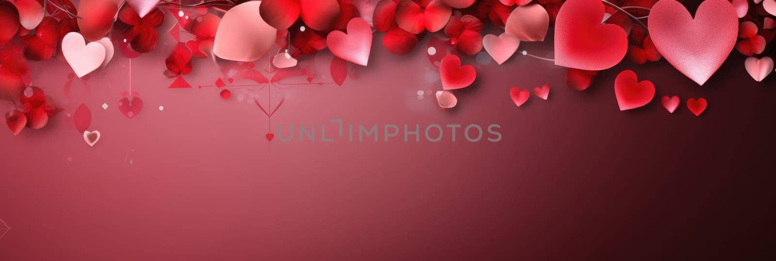 St. Valentines day, wedding banner with abstract illustrated red, pink flying hearts, flowers on pink background. Use for cute love sale banners, vouchers or greeting cards. Concept love, copy space