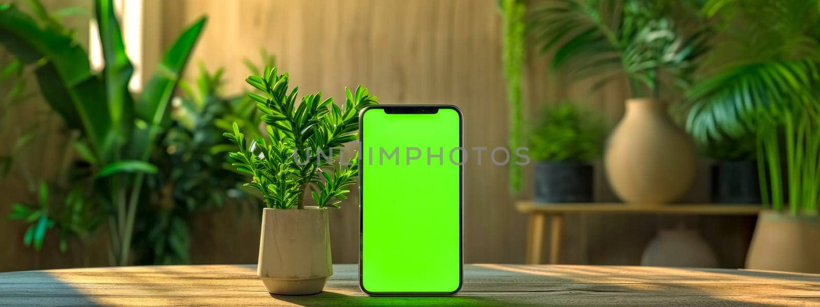 smartphone with a green screen placed on a wooden table amidst an indoor plant setting, suggesting a theme of technology harmoniously integrated with nature, banner