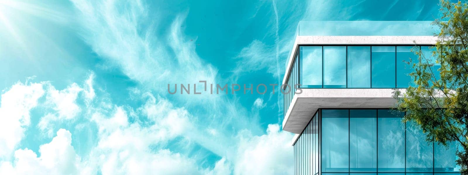 modern architecture with the corner of a contemporary building, featuring large glass windows against a vivid blue sky with fluffy clouds, eco-friendly and design-focused urban environment, copy space