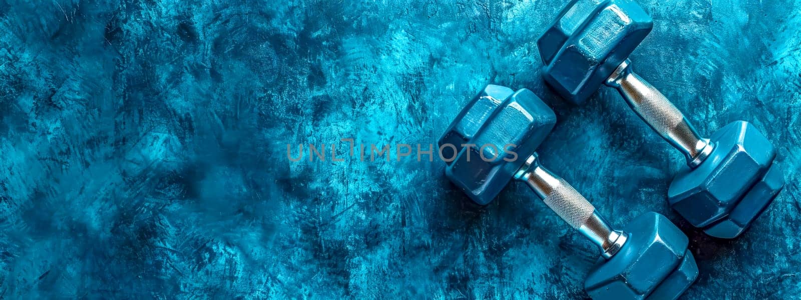 pair of blue hexagonal dumbbells on a textured blue background, conveying themes of strength, fitness, and physical exercise, with ample space for text or additional design elements, copy space