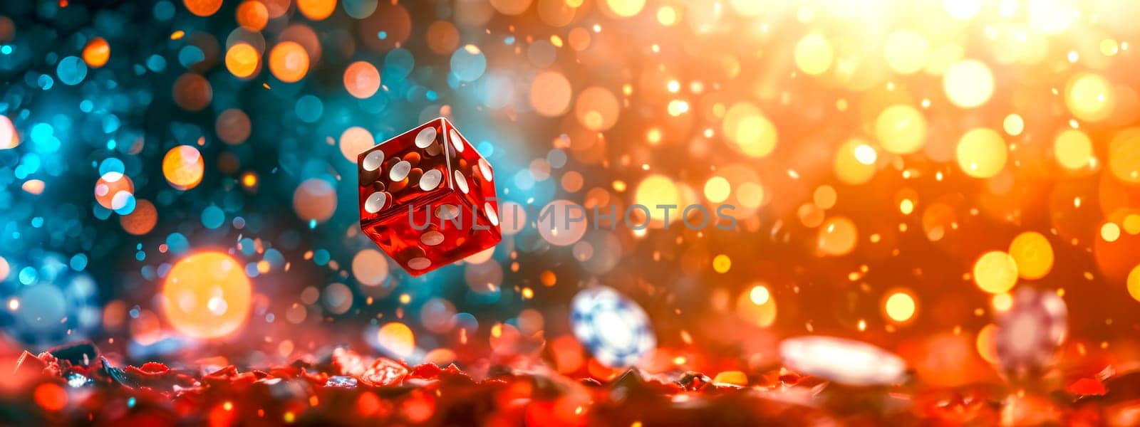 translucent red die suspended in the air with a vibrant bokeh effect in the background, capturing the themes of chance, luck, and gaming in a visually striking and dynamic composition, copy space