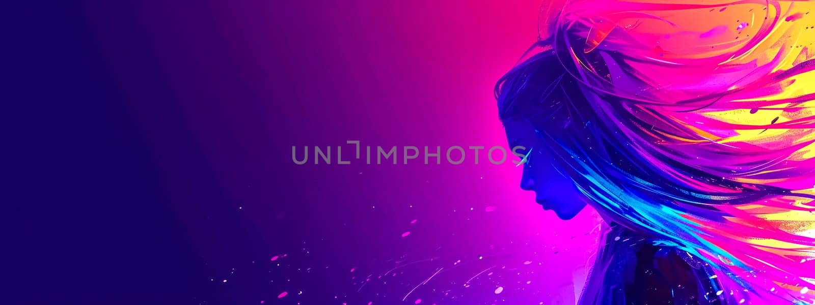 profile of a woman with vibrant, flowing hair in a vivid array of pink, blue, and yellow hues against a deep purple background, exuding a sense of creativity and digital artistry by Edophoto