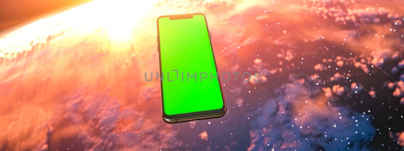 smartphone with a green screen floating in the foreground with a dramatic backdrop of the Earth's atmosphere from space, where the sun casts a warm glow on the planet. banner