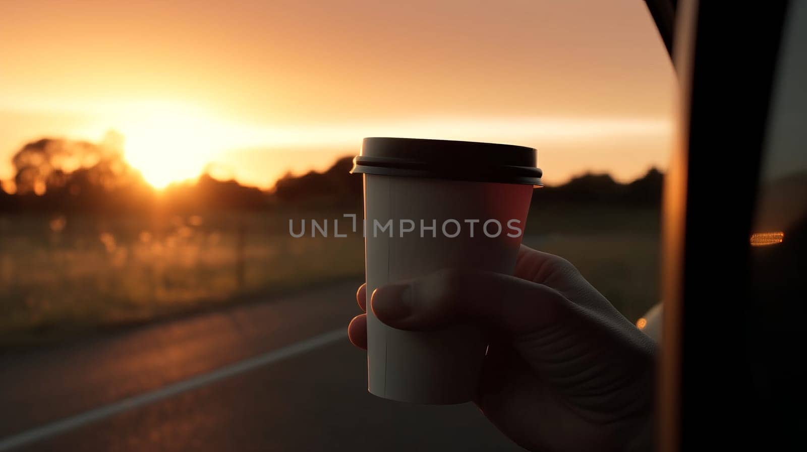 hand with a white paper coffee cup stretched out of the window of a car driving in nature, on sunset.