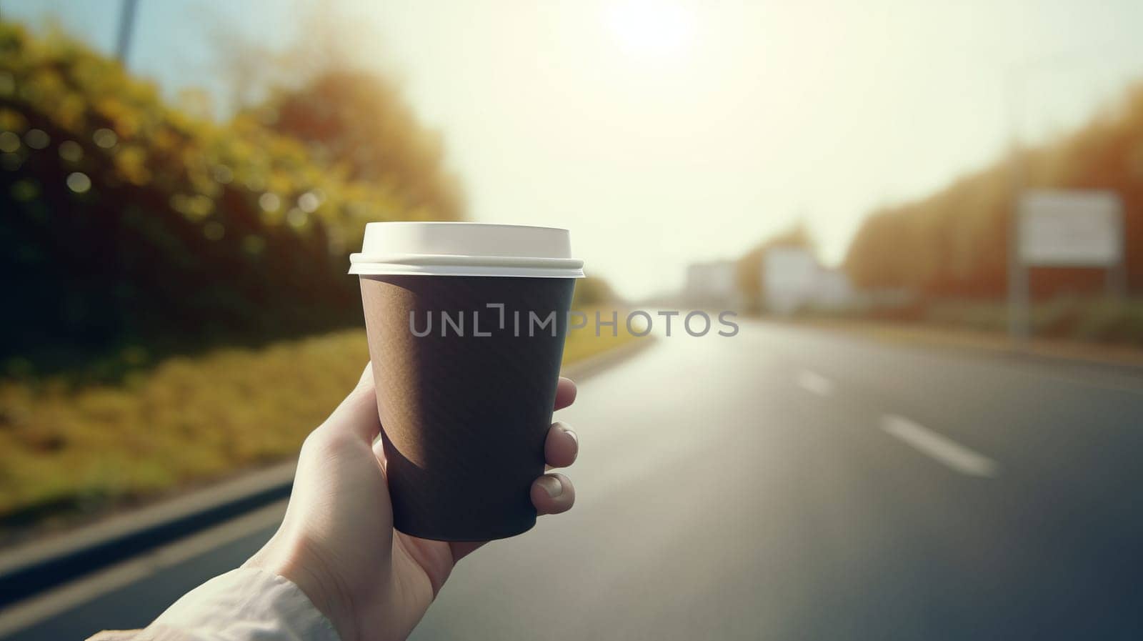 hand with a brown paper coffee cup on the background of a road , autumn by Zakharova