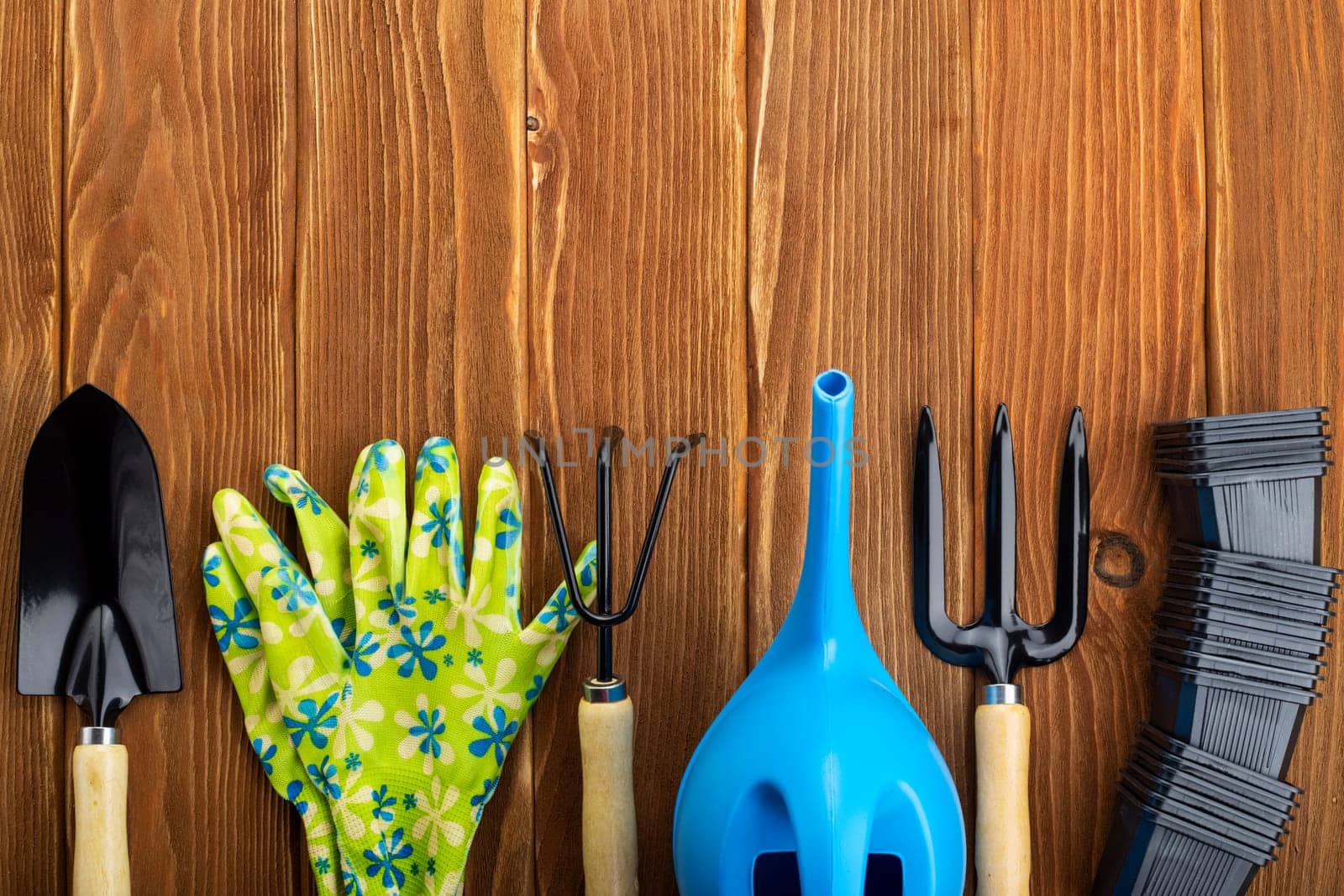 Gardening Tools and Gloves on Wooden Background by andreyz