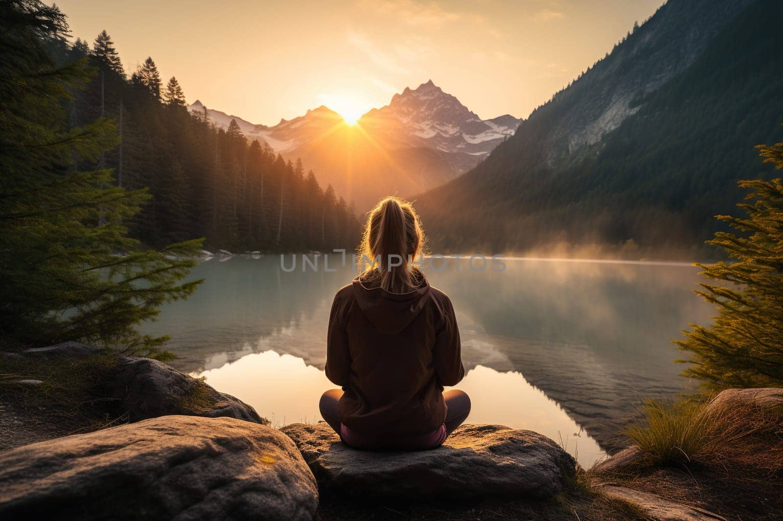 A girl sits on a stone in the lotus position looking at the mountains.