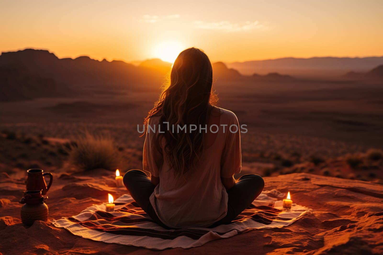 A woman in the lotus position looks at the sunset in the desert.
