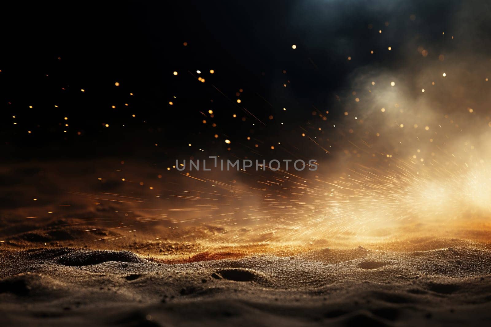 Background with sand, sparks and golden bokeh. Generated by artificial intelligence by Vovmar