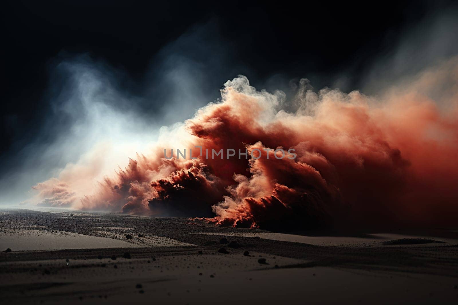 The wind blows huge clouds of dust across the desert at night. Generated by artificial intelligence by Vovmar