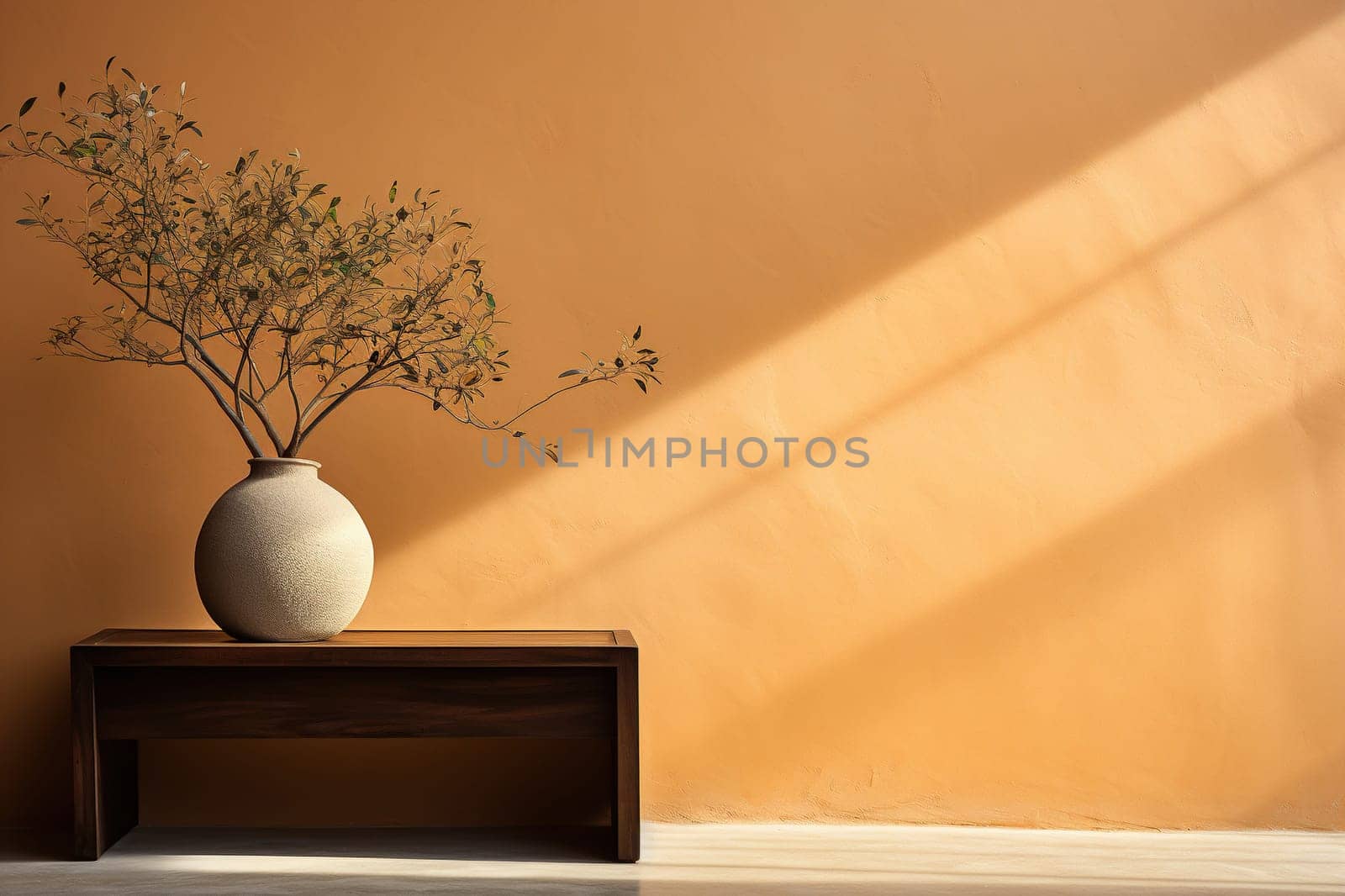 Oriental interior in natural earthy tones. Clay pot, vase in the interior.