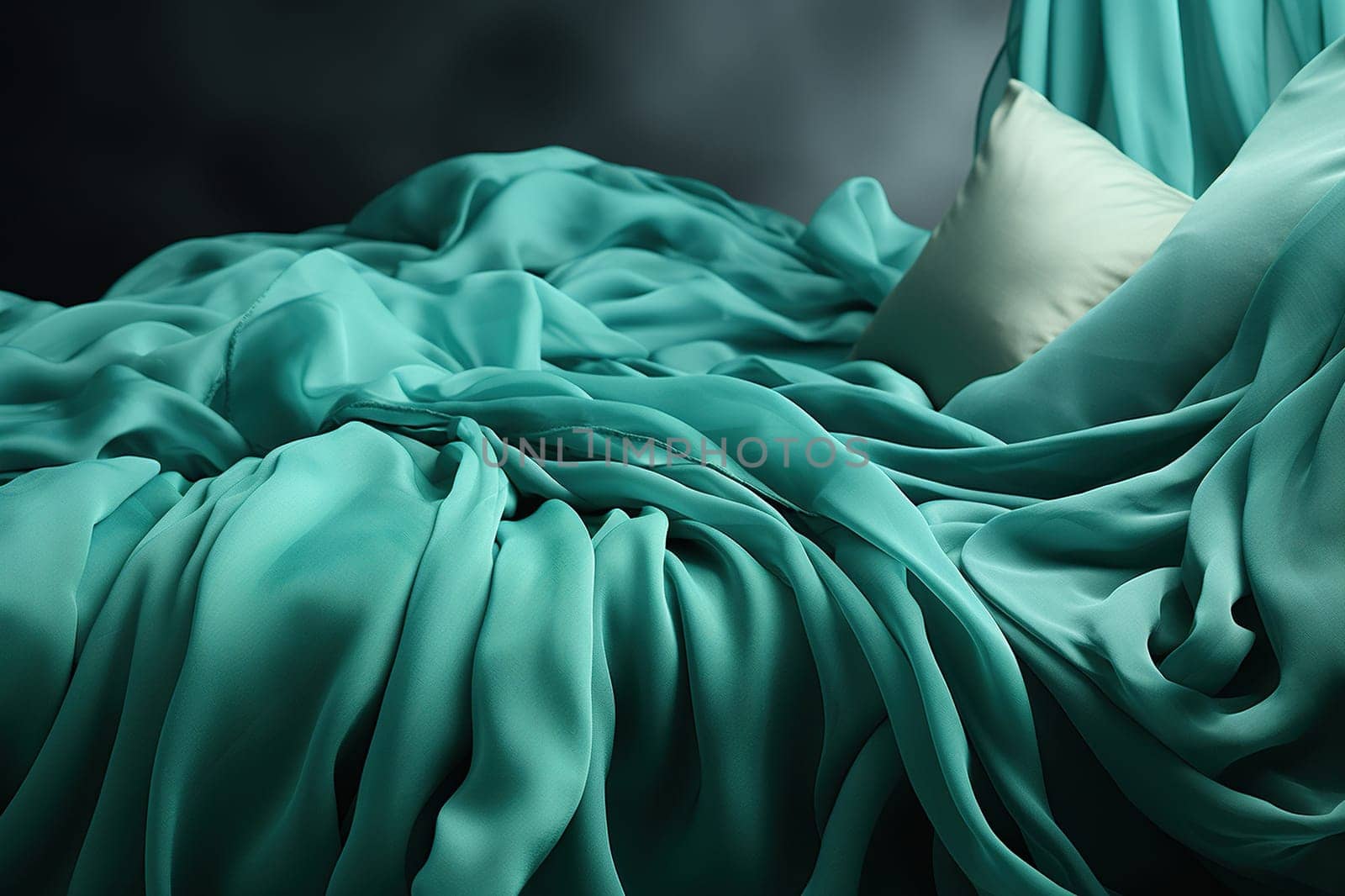 Background with sea green bedding. Fashionable natural shades in home textiles.