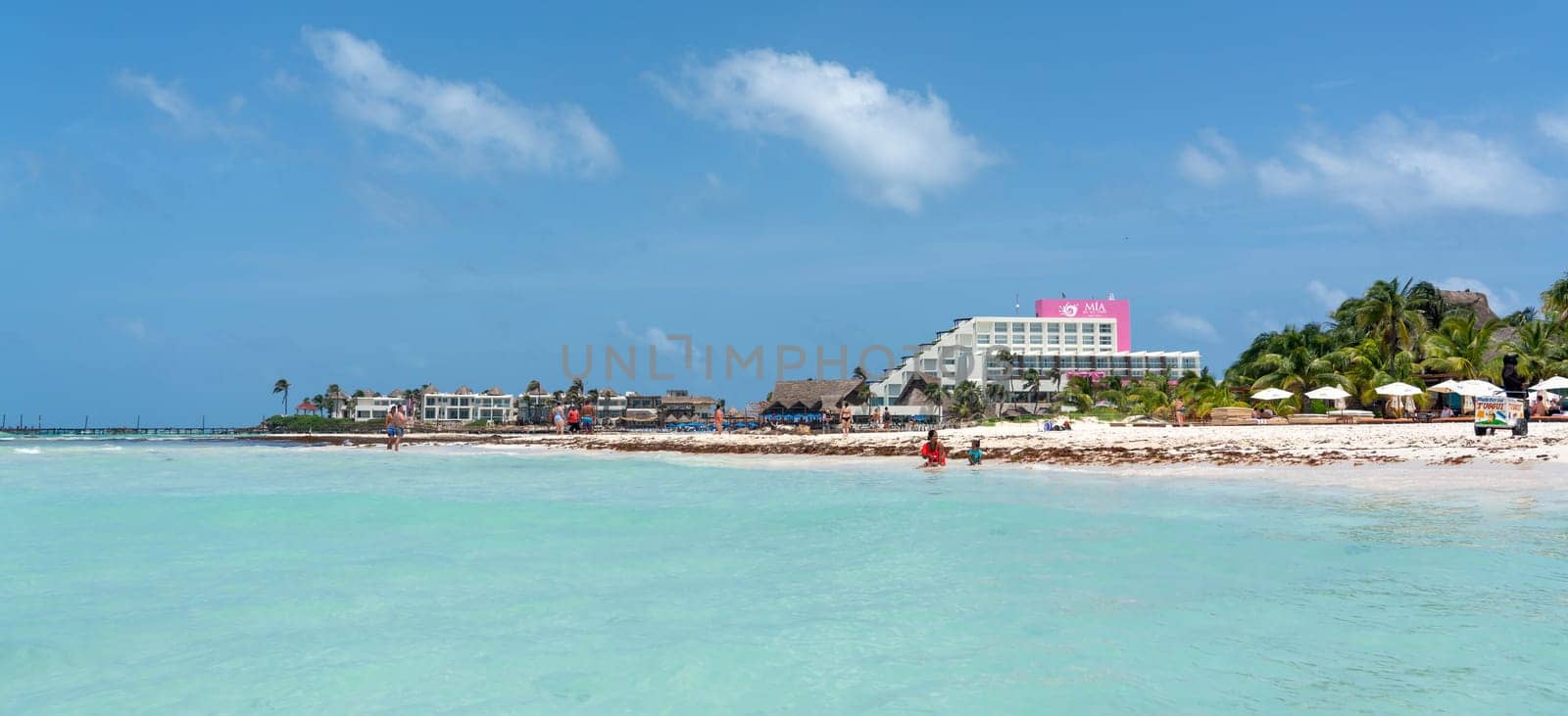 Isla Mujeres, Cancun, Mexico - September 13, 2021 - Beautiful Caribbean beach Playa Norte or North beach on Isla Mujeres near Cancun, Mexico