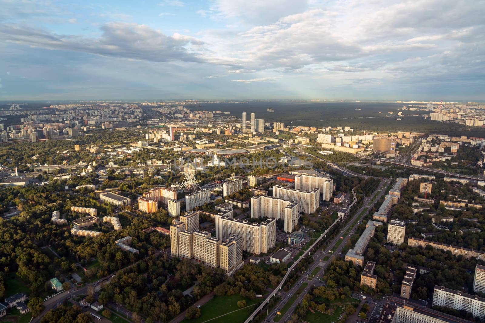 Moscow aerial panorama with city district view. Panorama of the Russian city during sunset