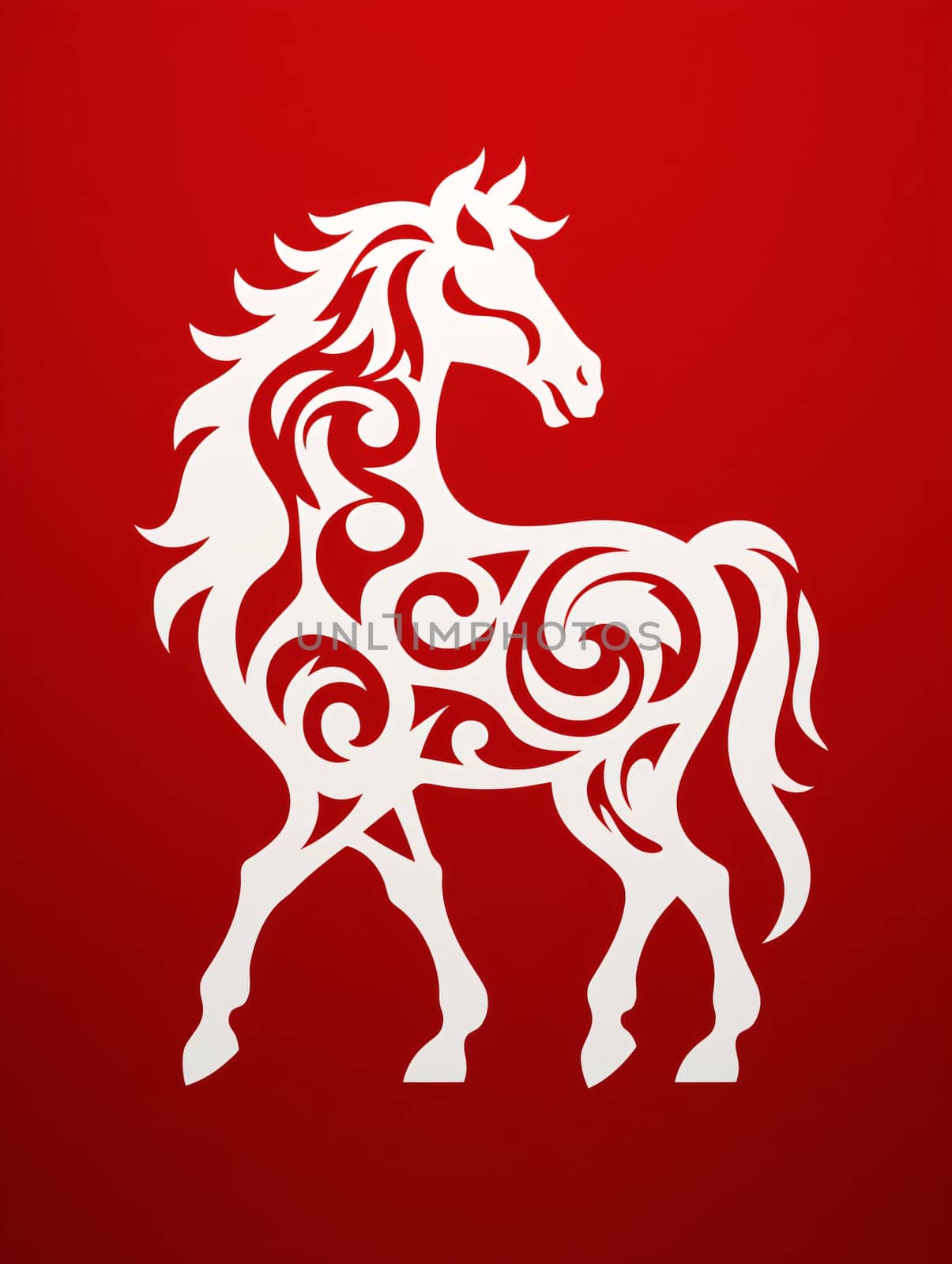 Stylized white horse silhouette with ornate swirls on a red background