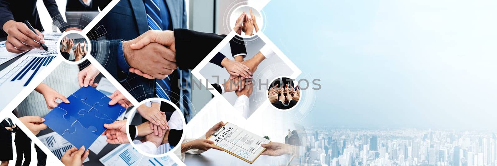 Teamwork and human resources HR management technology concept in corporate business with people group networking to support partnership, trust, teamwork and unity of coworkers in office vexel