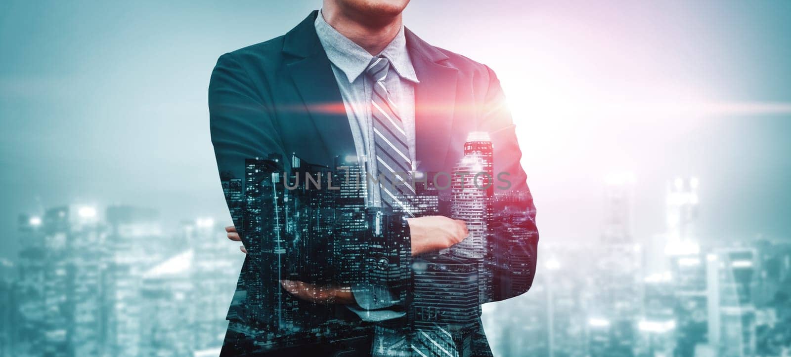 Double Exposure Image of Business Person on modern city background. Future business and communication technology concept. Surreal futuristic cityscape and abstract multiple exposure interface. uds