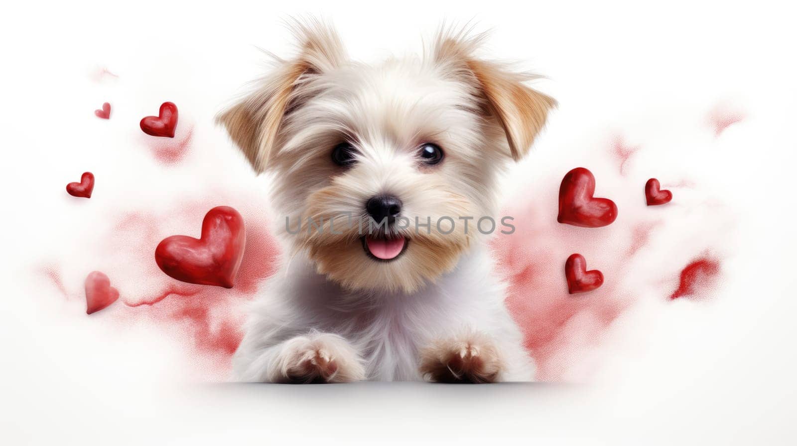 Happy cute small dog with red hearts on white background celebrating Valentine day. Valentine's day, birthday, mother's, women's day, holidays concept