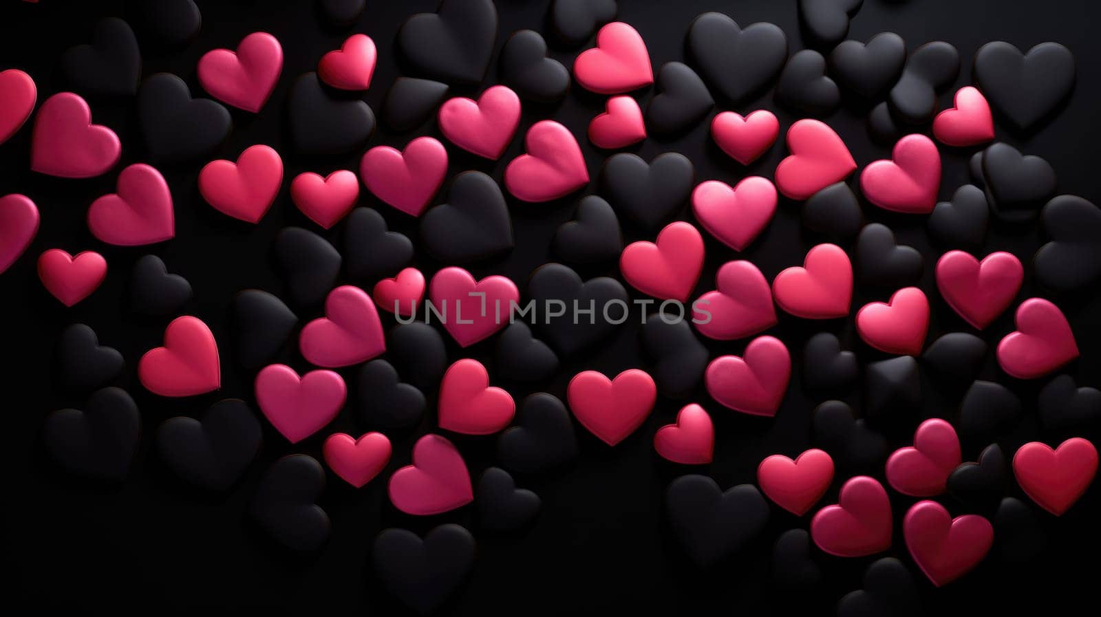 Pink and black heart shaped rocks on black background. Pile of white heart pebble, stone. Valentine's day. Heart shape of pebble on small peddles