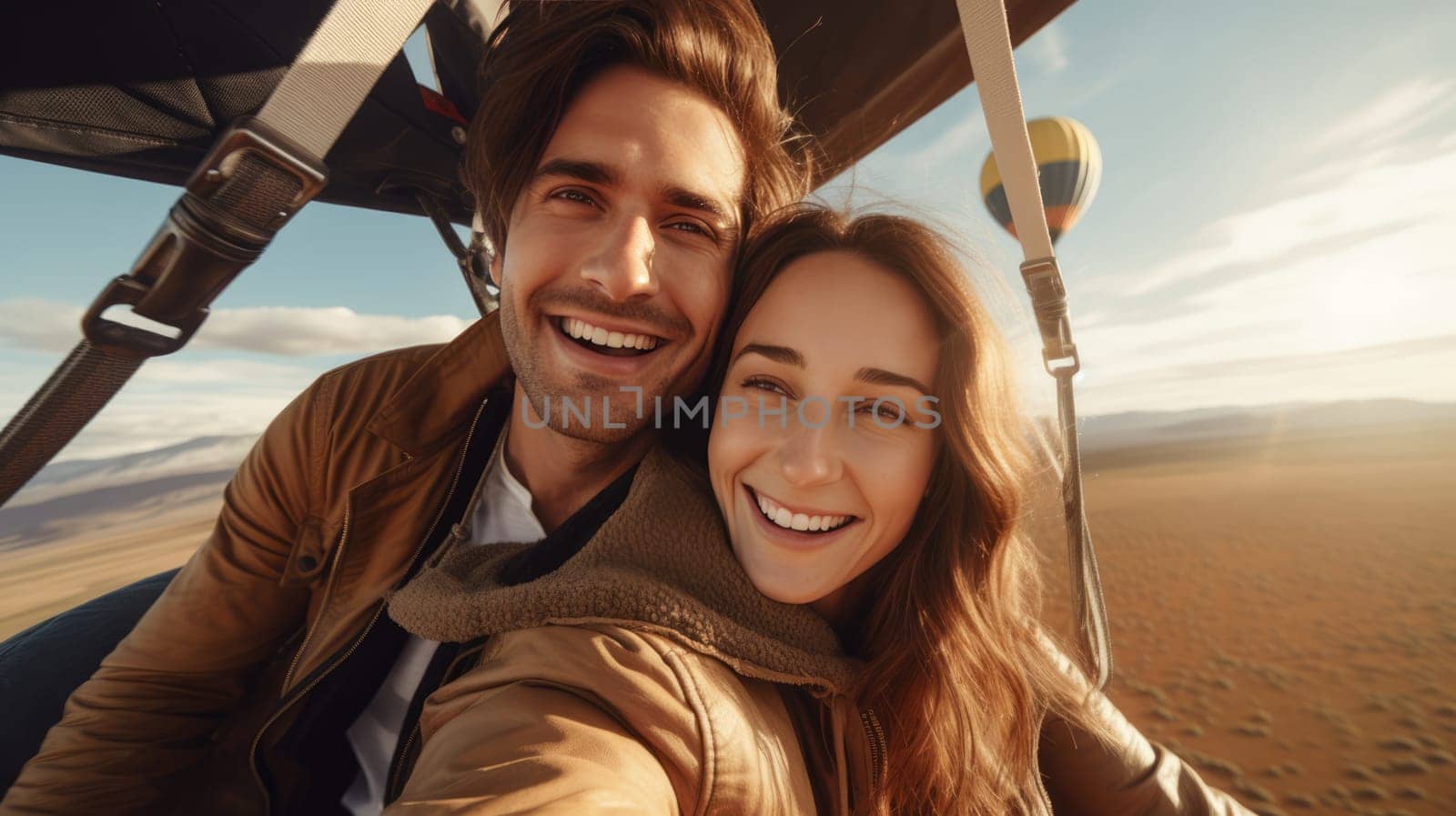 Beautiful young couple hugging taking selfie on hot air balloons, kissing celebrating St Valentine's Day with air balloons in shape of heart at home