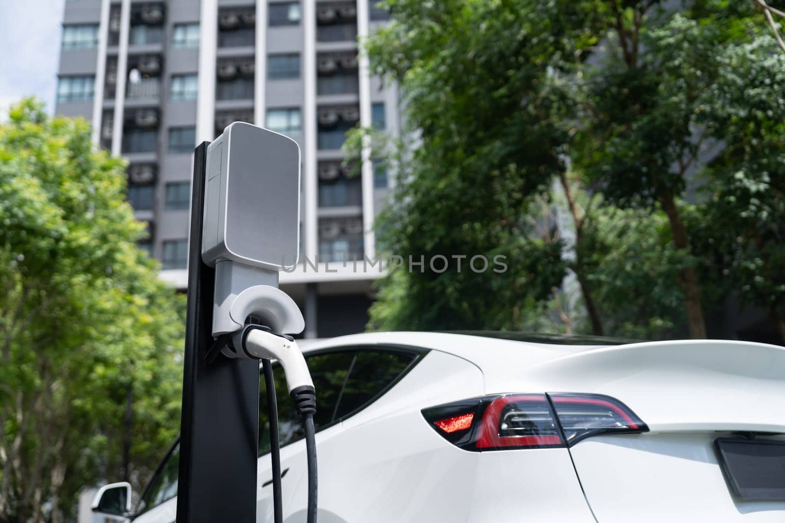 EV electric car charging in green sustainable city outdoor garden in summer. Urban sustainability lifestyle by green clean rechargeable energy of electric BEV vehicle innards