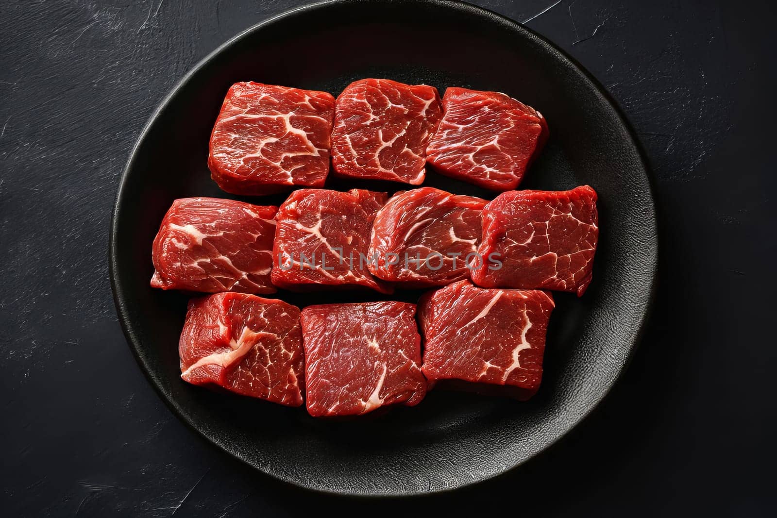 Beef, cut into many identical pieces for cooking, lies on a black plate on a black surface. AI generated.