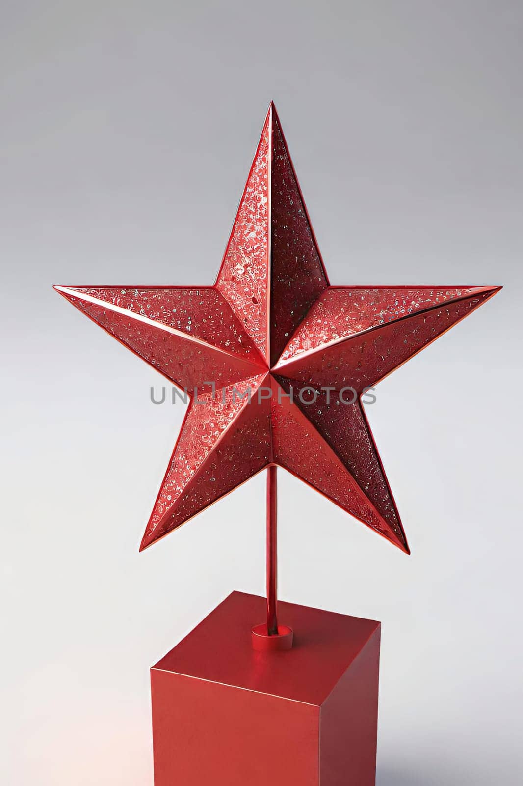 Red stars on a white background. 3d rendering. 3d illustration.Red star on a stand on a gray background. 3d rendering of a red star on a white background with shadow.Christmas decoration.