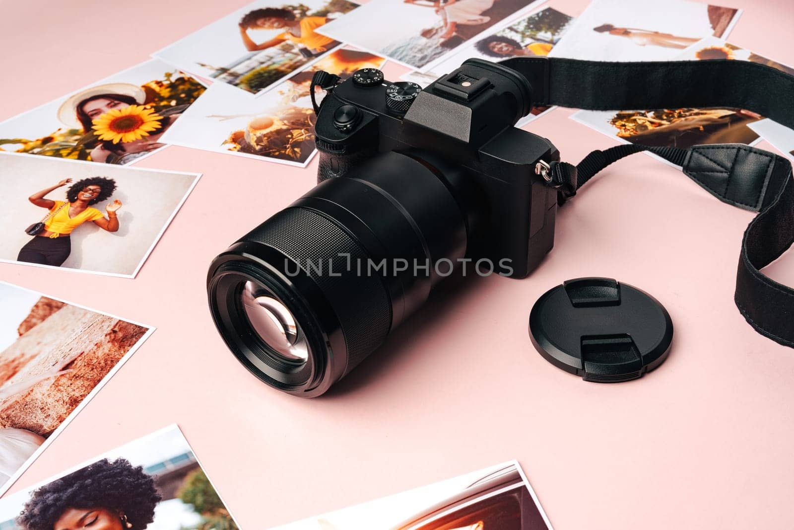 Modern photo camera with printed colorful photos on pink background close up