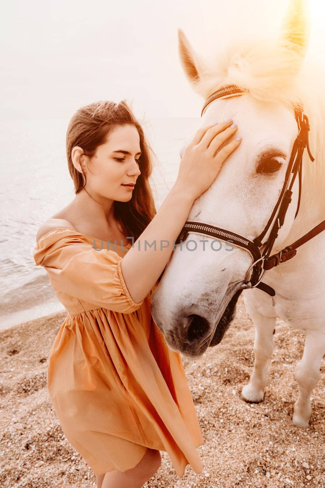 A white horse and a woman in a dress stand on a beach, with the sky and sea creating a picturesque backdrop for the scene