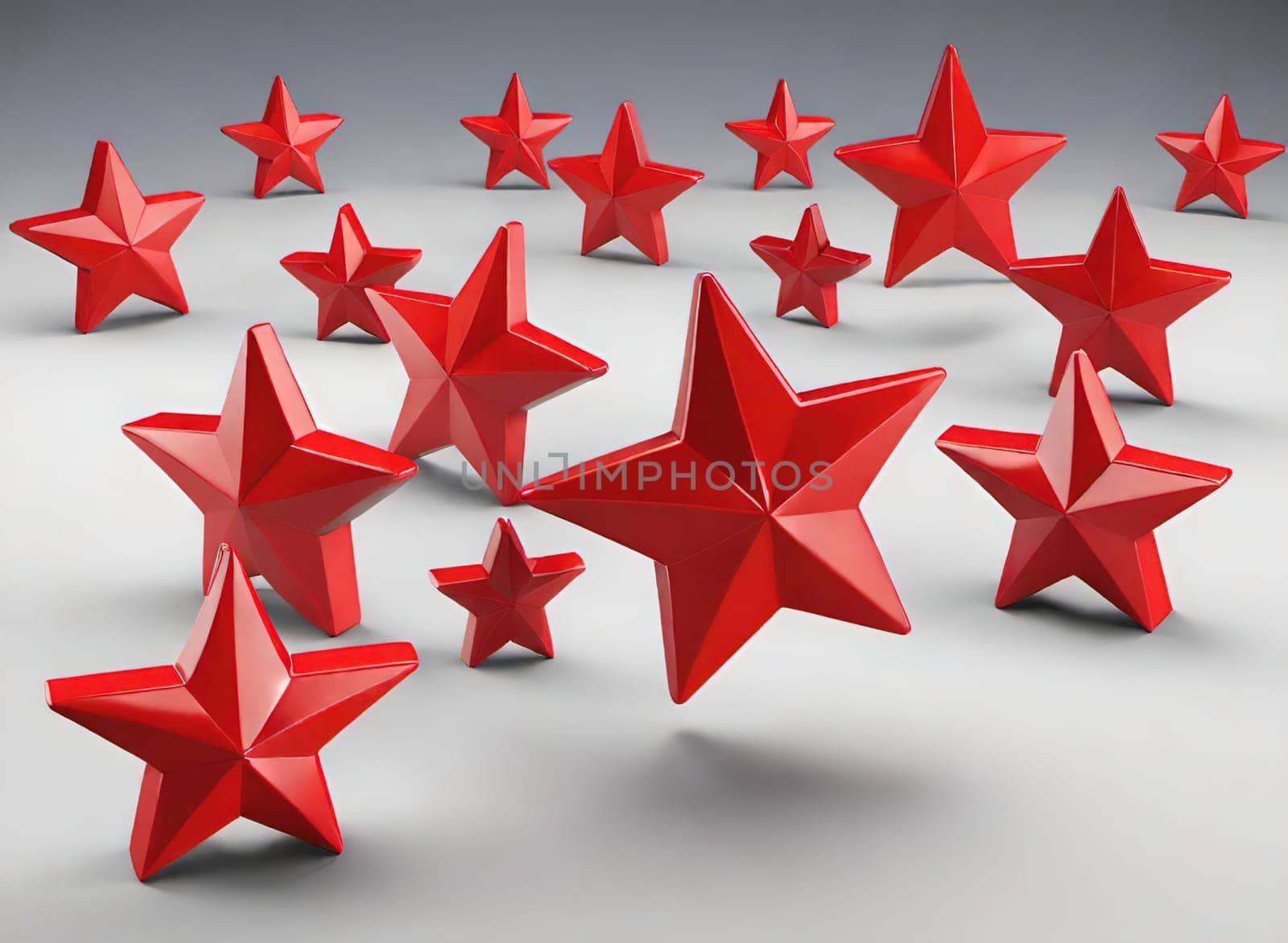 Red stars on a white background. 3d rendering. 3d illustration.Red star on a stand on a gray background. 3d rendering of a red star on a white background with shadow.Christmas decoration.