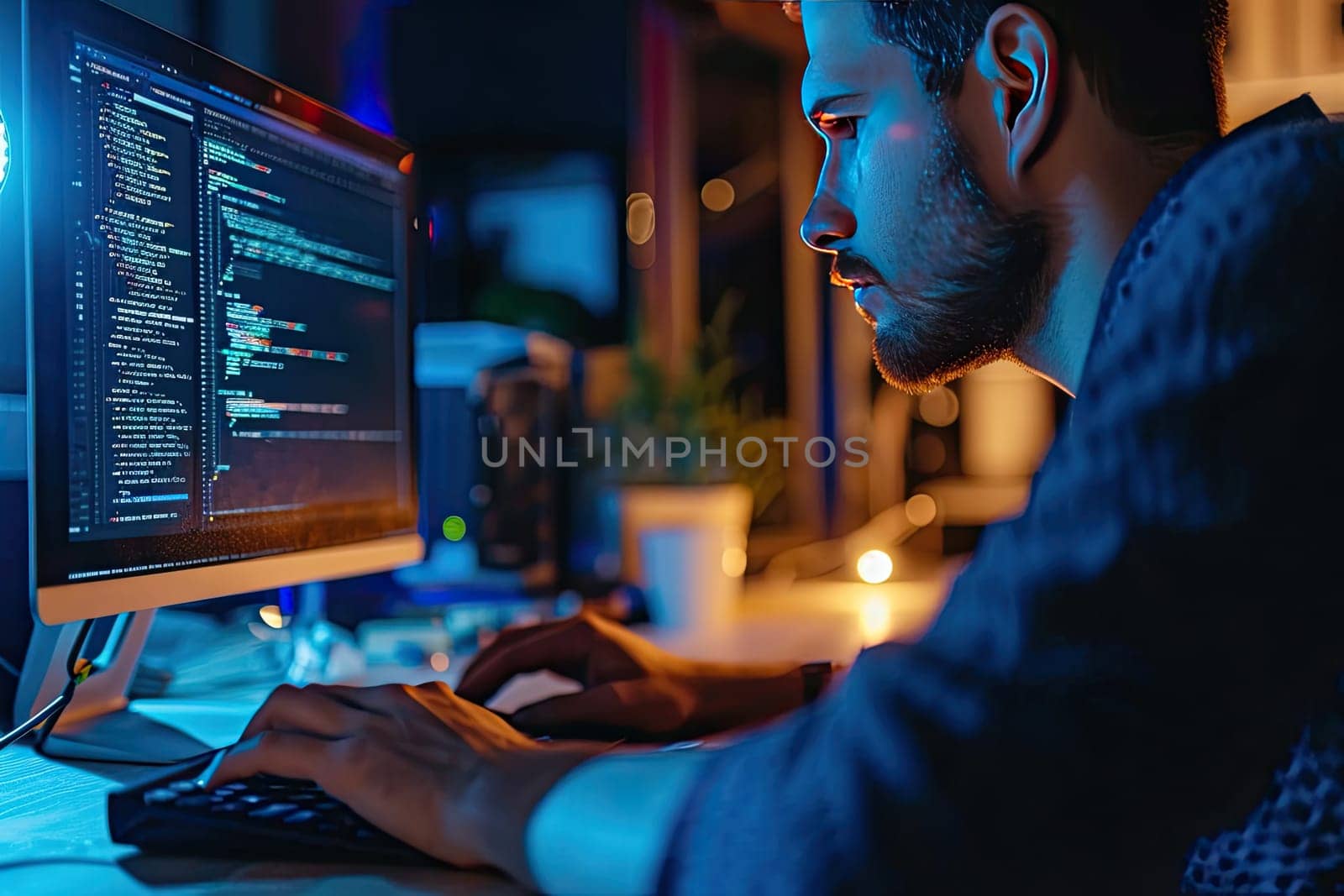 A guy programmer sitting in front of his computer in a dark room coding a new development working until late.