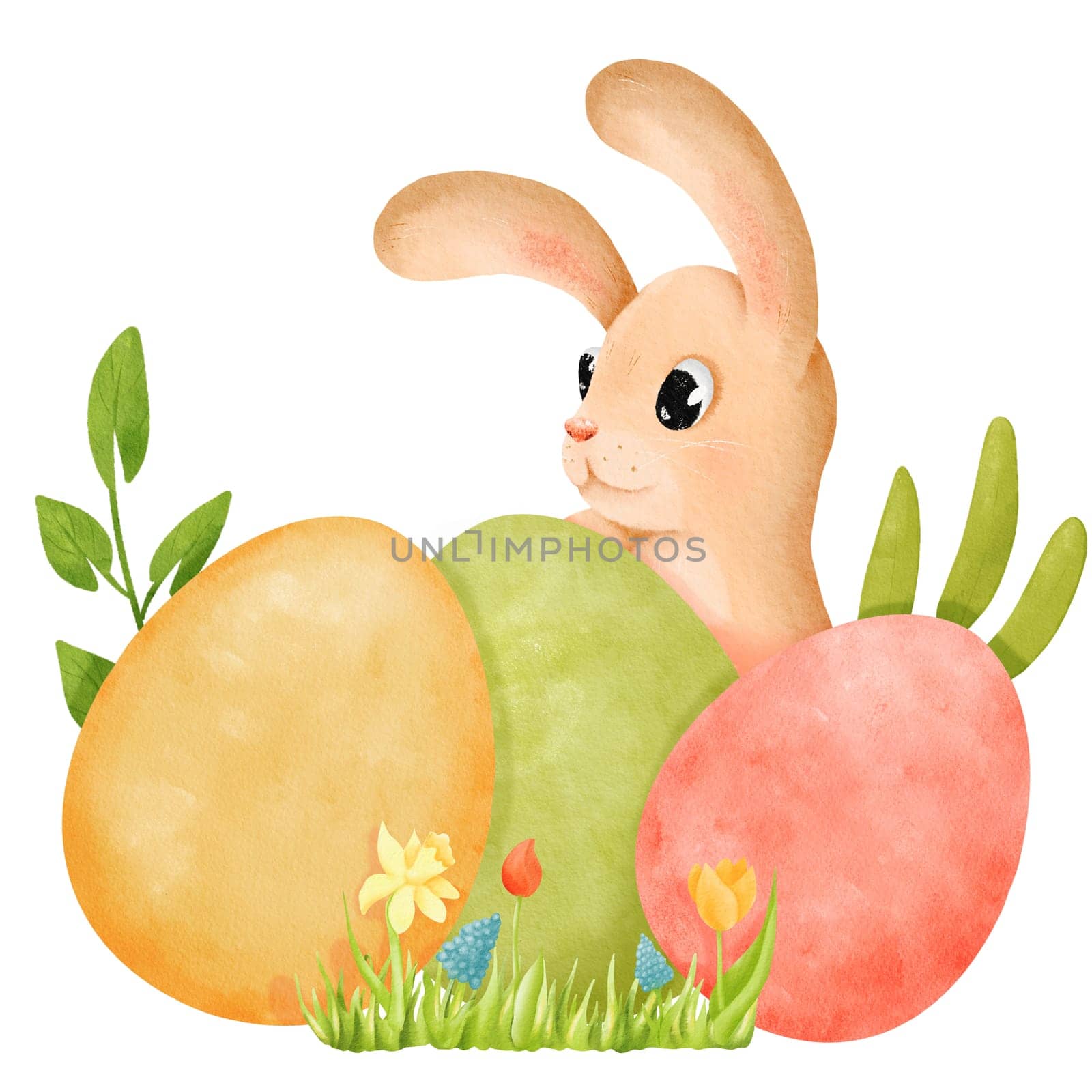 watercolor Easter composition. a charming bunny, vibrant dyed eggs, lush grass, and blossoming spring flowers. for creating festive Easter-themed designs, invitations, and joyful illustrations.