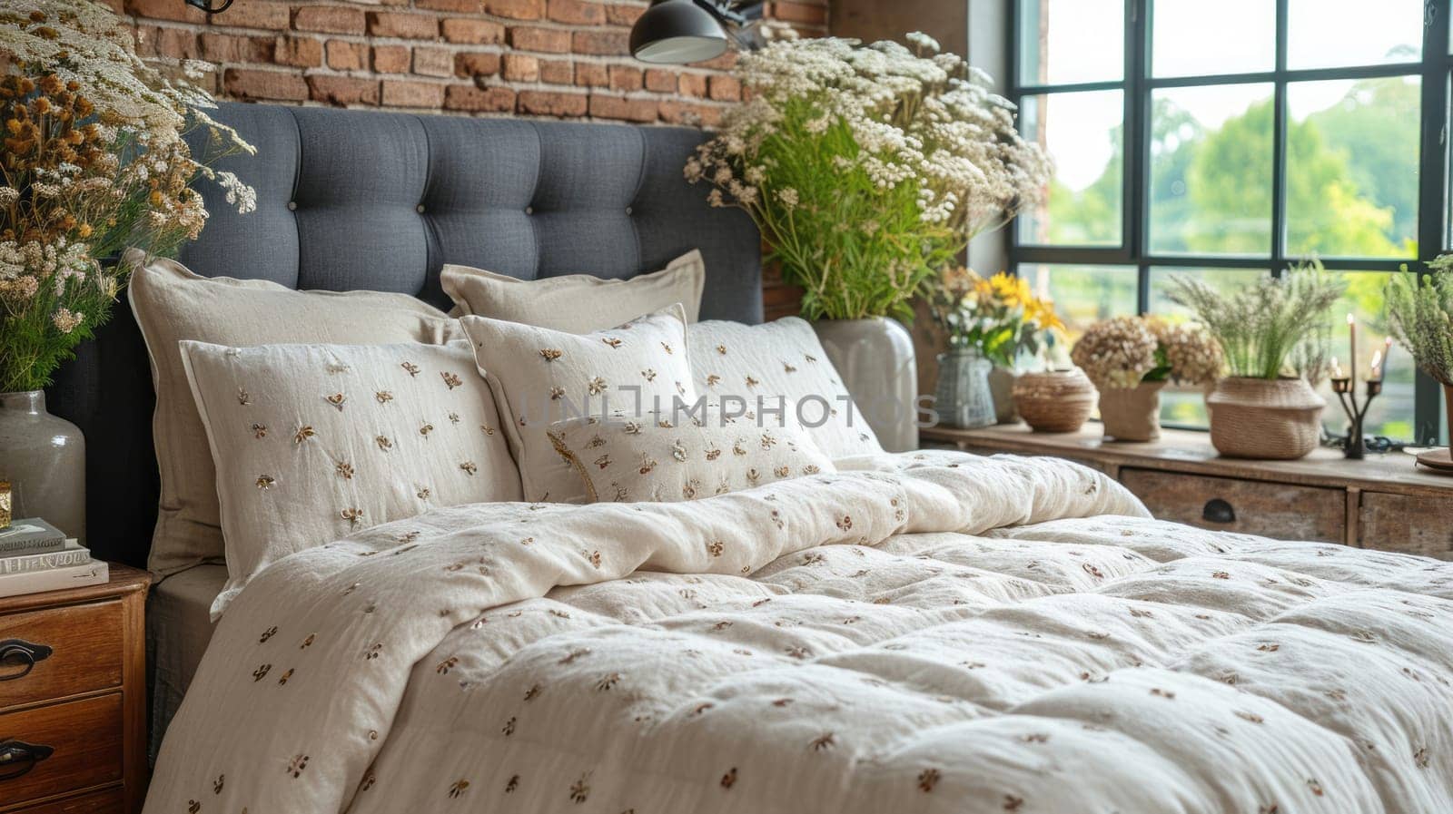 Bed with beige pillows and bedspreads. Interior design of a modern bedroom in a house by NataliPopova