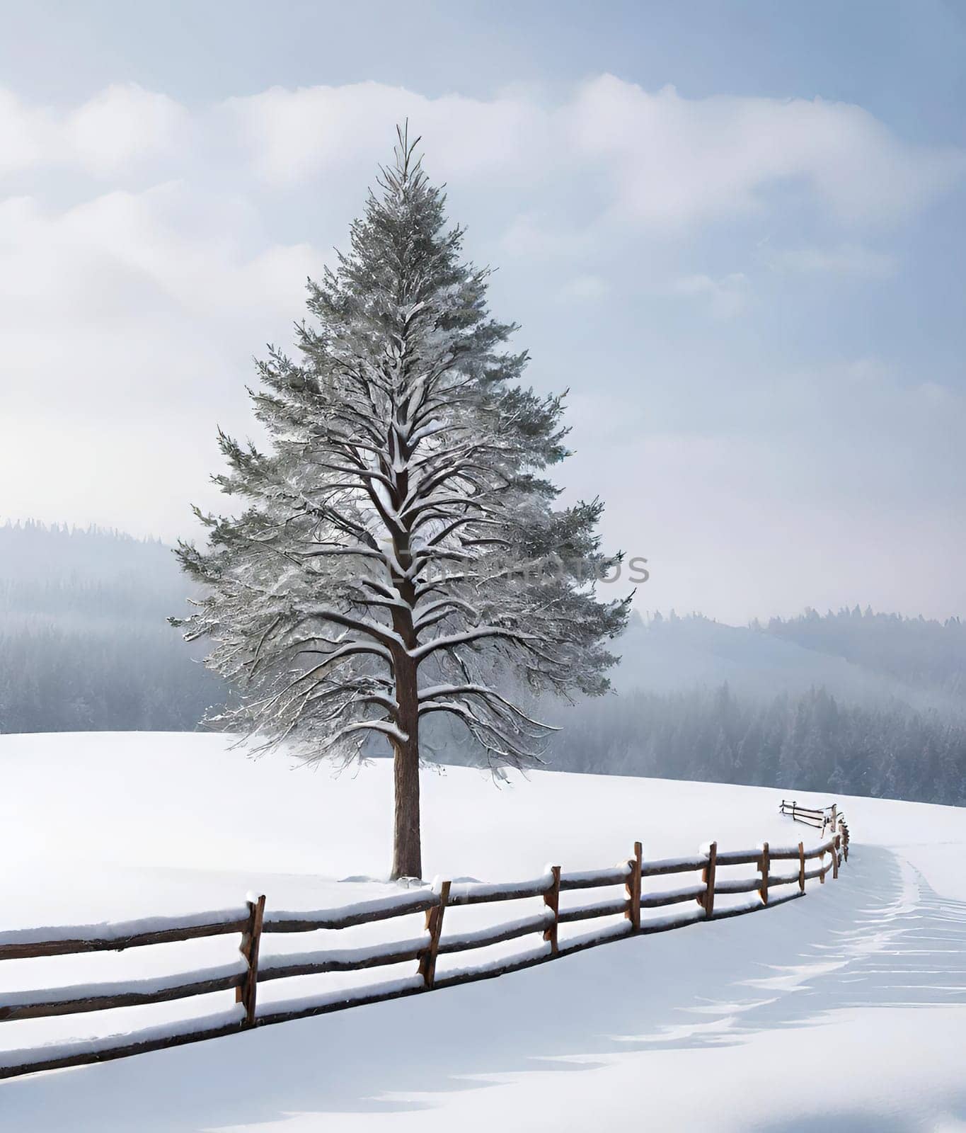 Beautiful winter landscape with frozen tree.Beautiful winter landscape with snow covered tree.Winter landscape with lonely tree.Frosted tree on a hillside in the winter season.