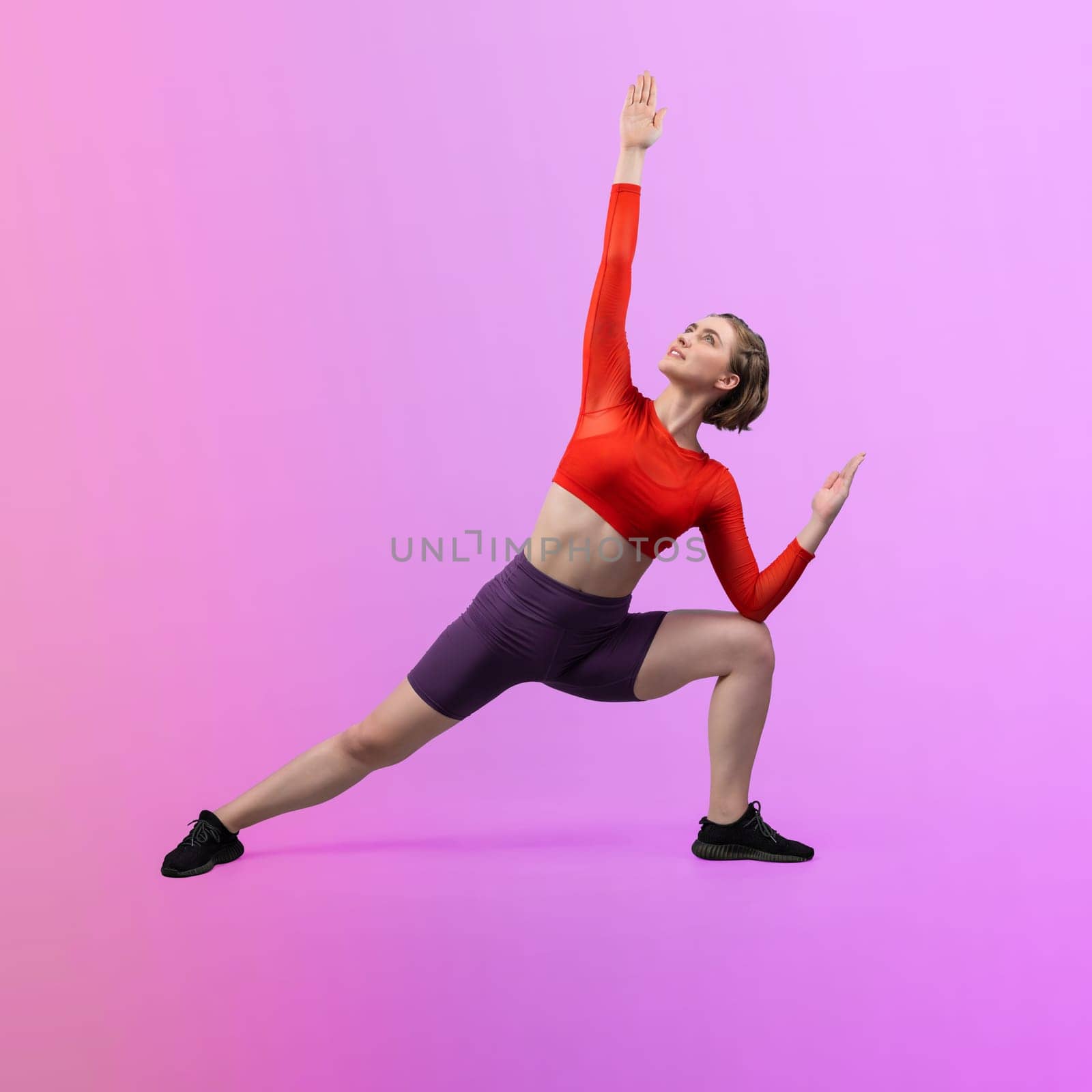 Full body length gaiety shot athletic and sporty woman doing healthy and meditative yoga exercise workout posture on isolated background. Healthy active and body care lifestyle