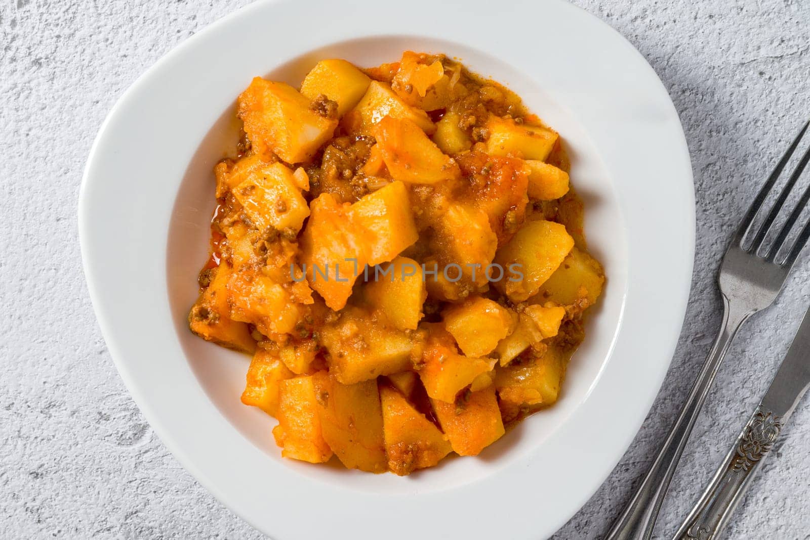 Minced meat and potato dish on white porcelain plate on stone table by Sonat