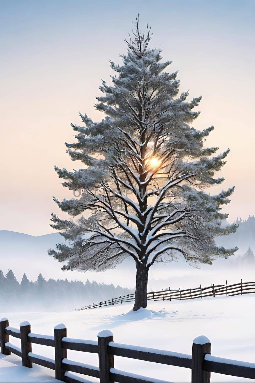 Beautiful winter landscape with frozen tree.Beautiful winter landscape with snow covered tree.Winter landscape with lonely tree.Frosted tree on a hillside in the winter season.