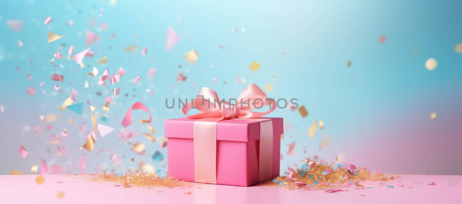 Gift of Celebration: Surprising Greetings in a Pink Box with Ribbon, Decorating the Festive Background. by Vichizh