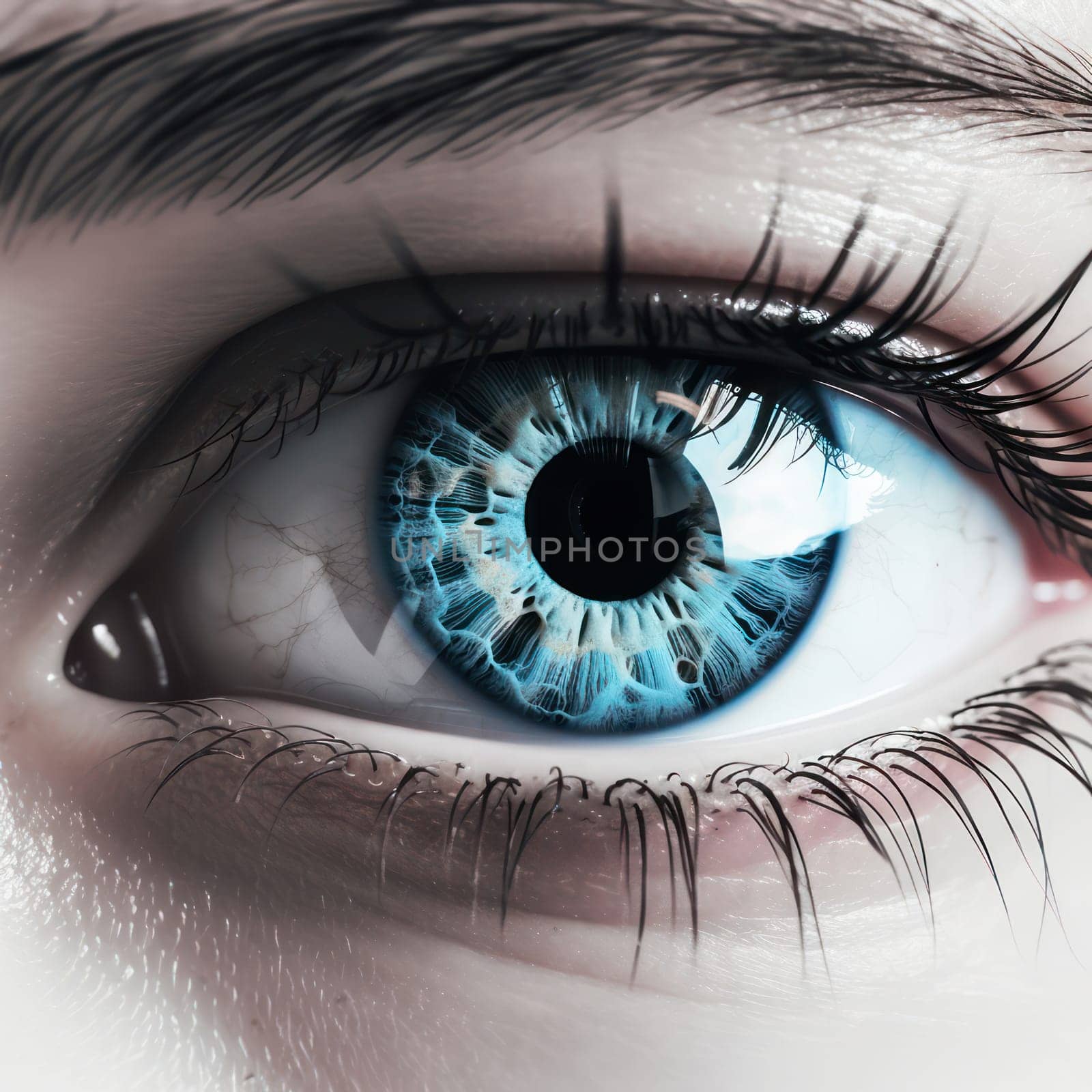 Intense Beauty - A Close-up Portrait of a Young Woman's Blue Eye, Emphasizing its Macro Detail and Expressive Emotions