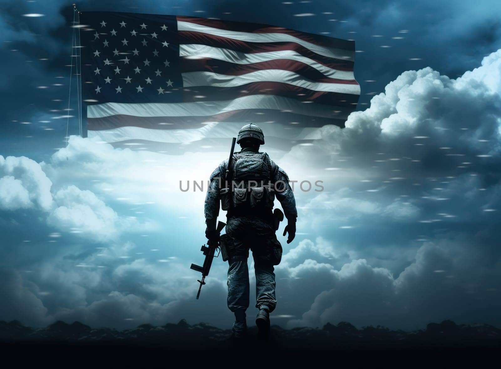Silhouette of a Honorable American Soldier Saluting, Standing Against a Vintage American Flag on a Blue Background by Vichizh