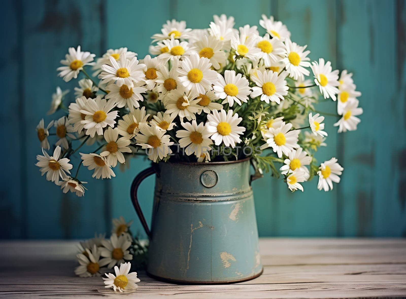 Floral Beauty: A Bouquet of White Daisies and Chamomile in a Rustic Wooden Vase, Blossoming in a Vibrant Garden by Vichizh