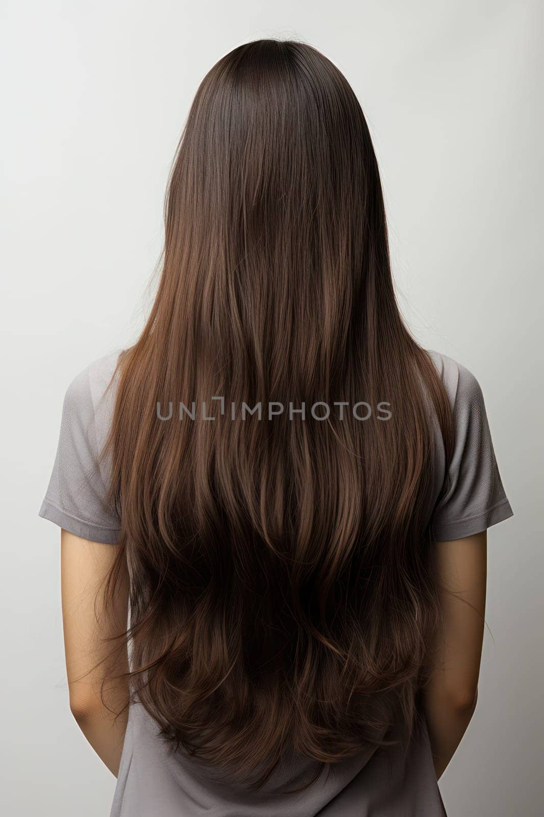 Elegant Back View of a Young Female Model with Long, Straight Hair in a White Studio
