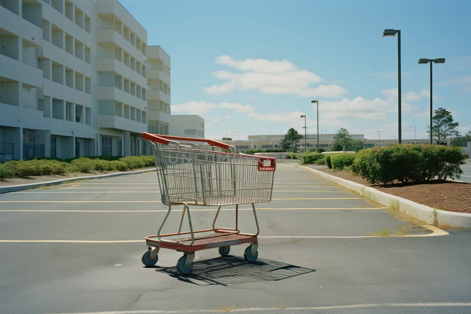 Empty Shopping Cart in an Abandoned Supermarket Parking Lot