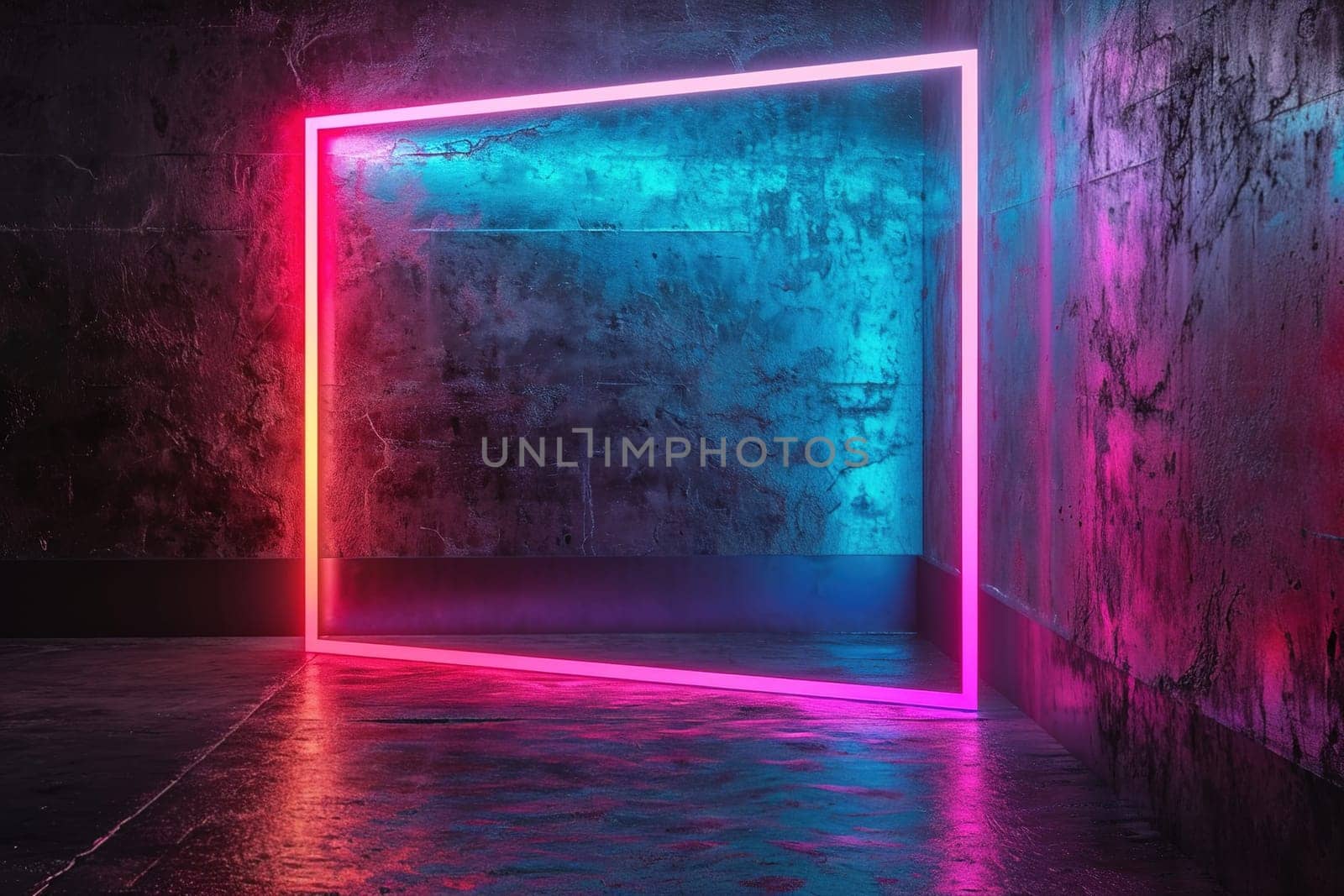 Empty minimalist frame illuminated by vibrant neon lighting in pink and blue hues, set against grungy wall with ample space for text. Perfect for event visuals, promotional content. Generative AI. by creativebird